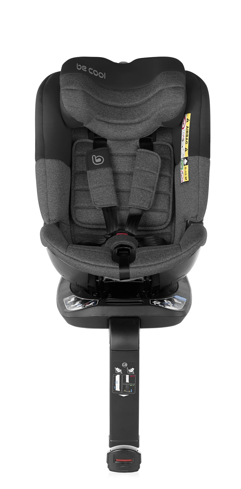 Black car seat with 'De Cool' branding on a white background