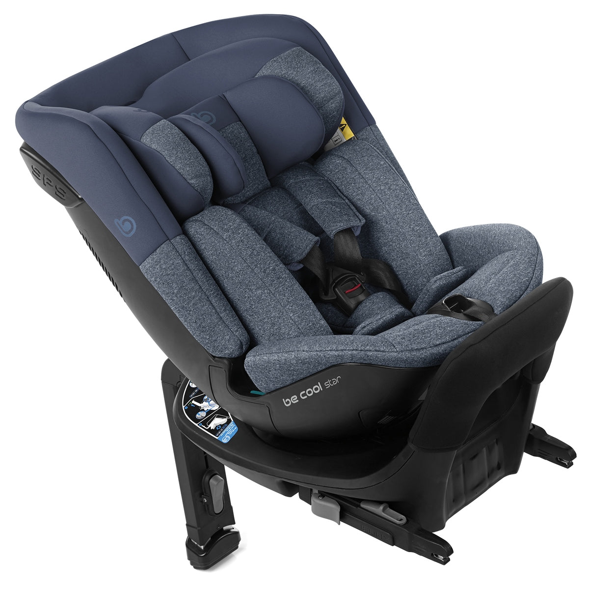 Blue and gray car seat with black base on a white background