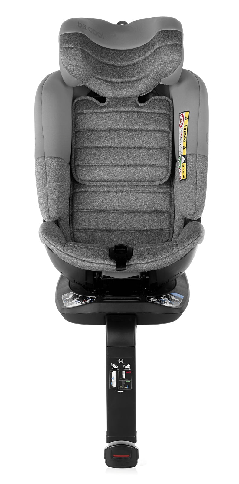 Gray car seat with black strap on a white background