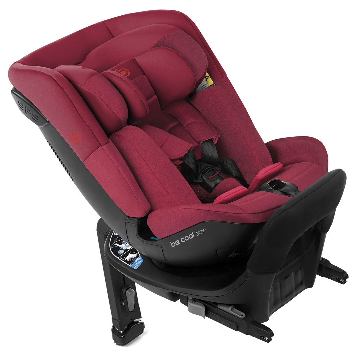 Red and black car seat with 'be cool star' branding on a white background