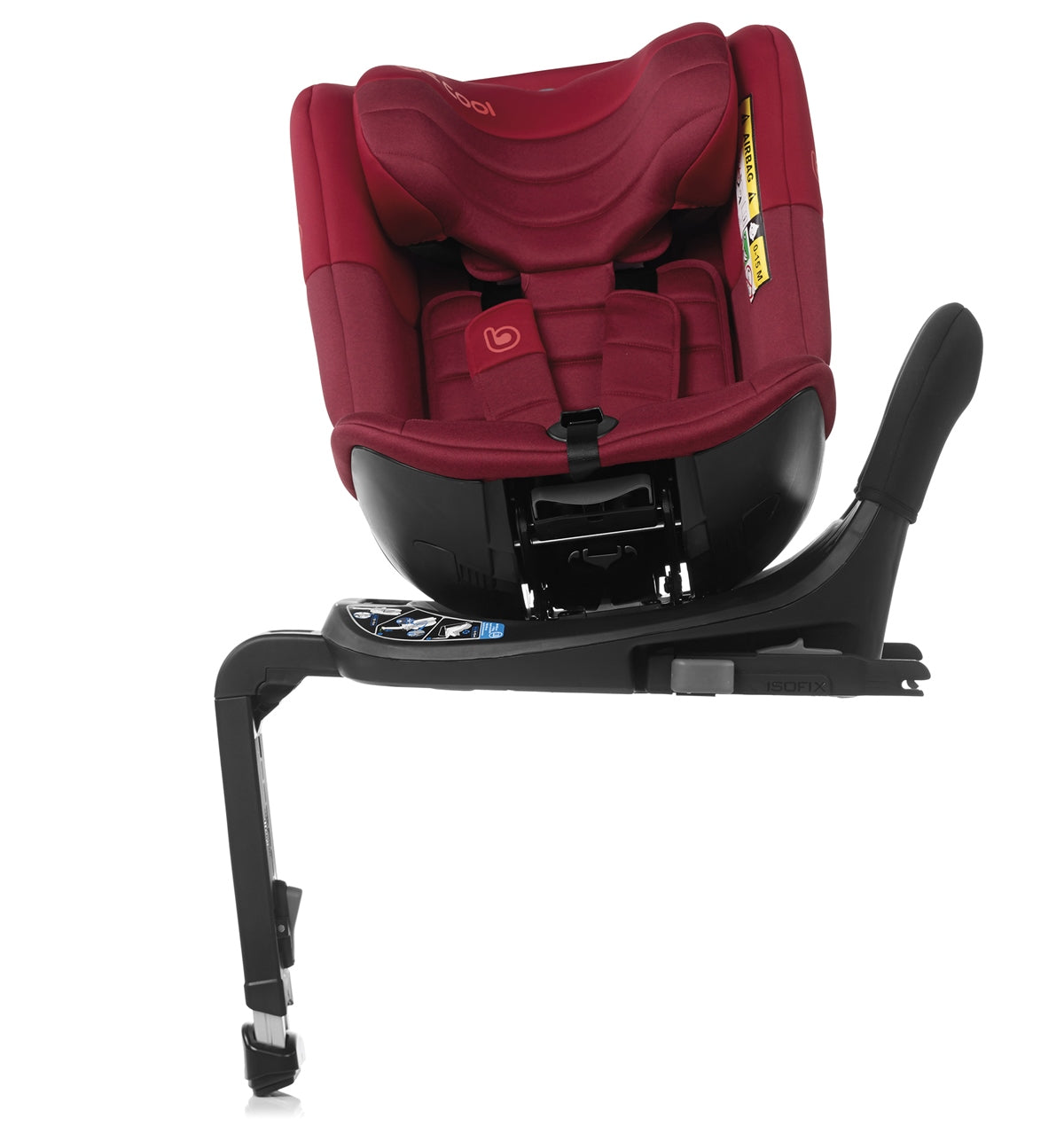 Red car seat with black base on a white background