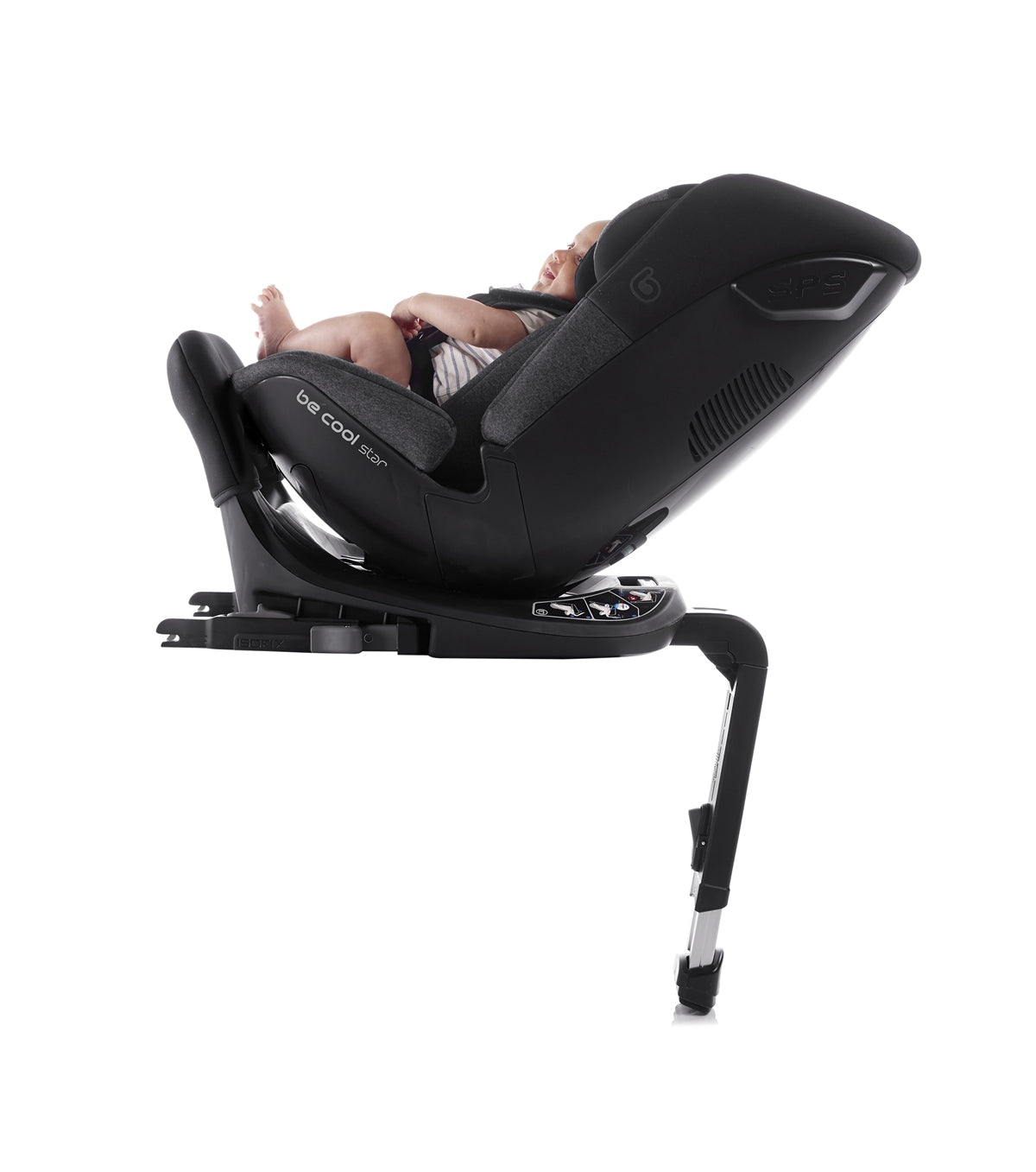 Black car seat with a baby inside on a white background