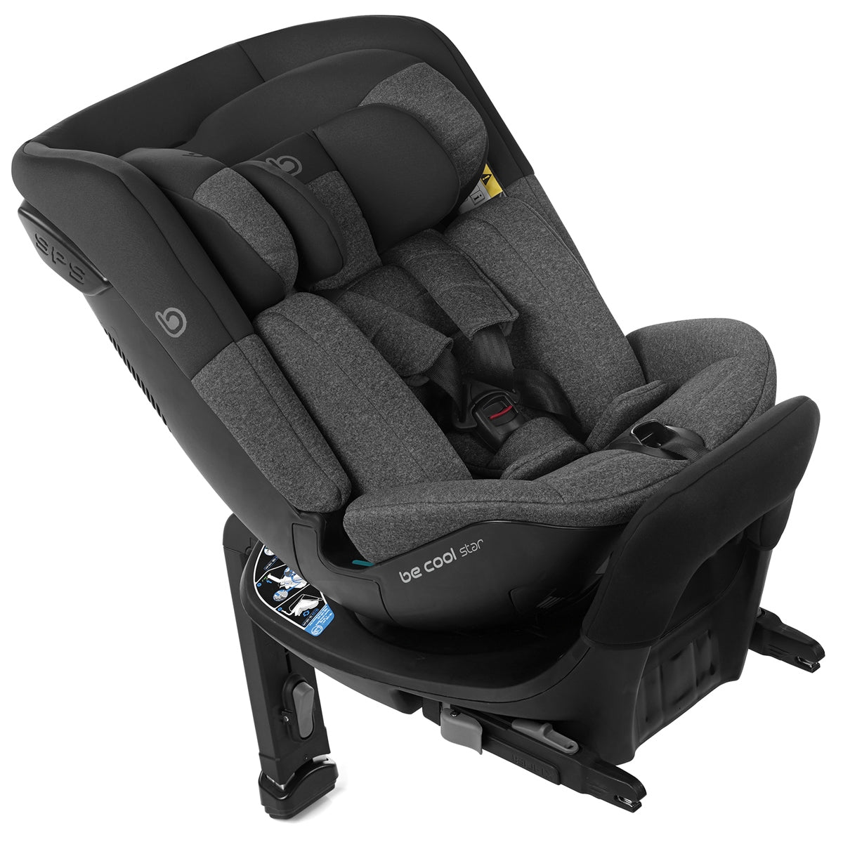 Gray and black car seat with 'be cool' branding on a white background