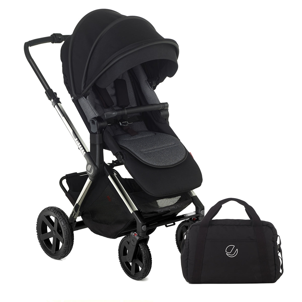 Black stroller with matching bag on a white background