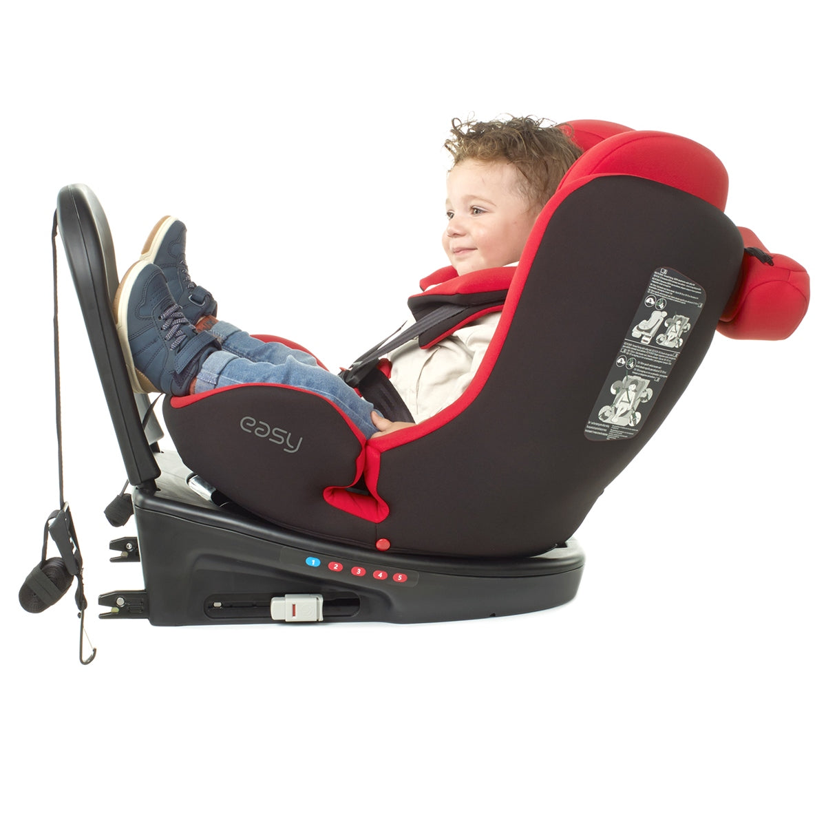 Child in a red and black car seat with 'easy' branding on a white background