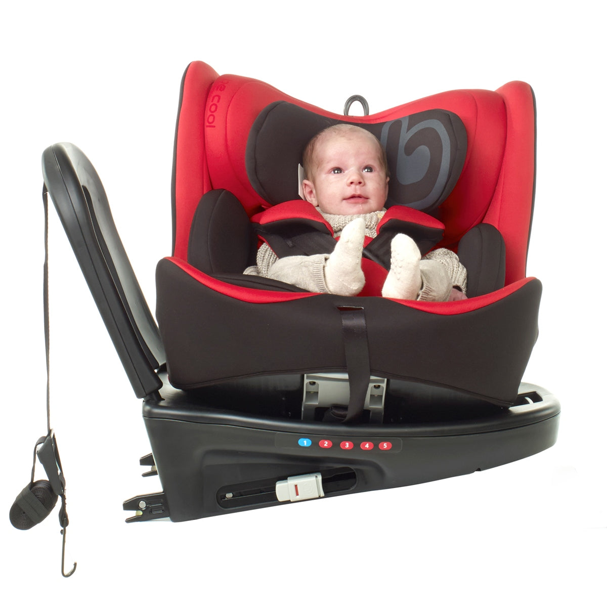 Red and black baby car seat with a baby inside on a white background