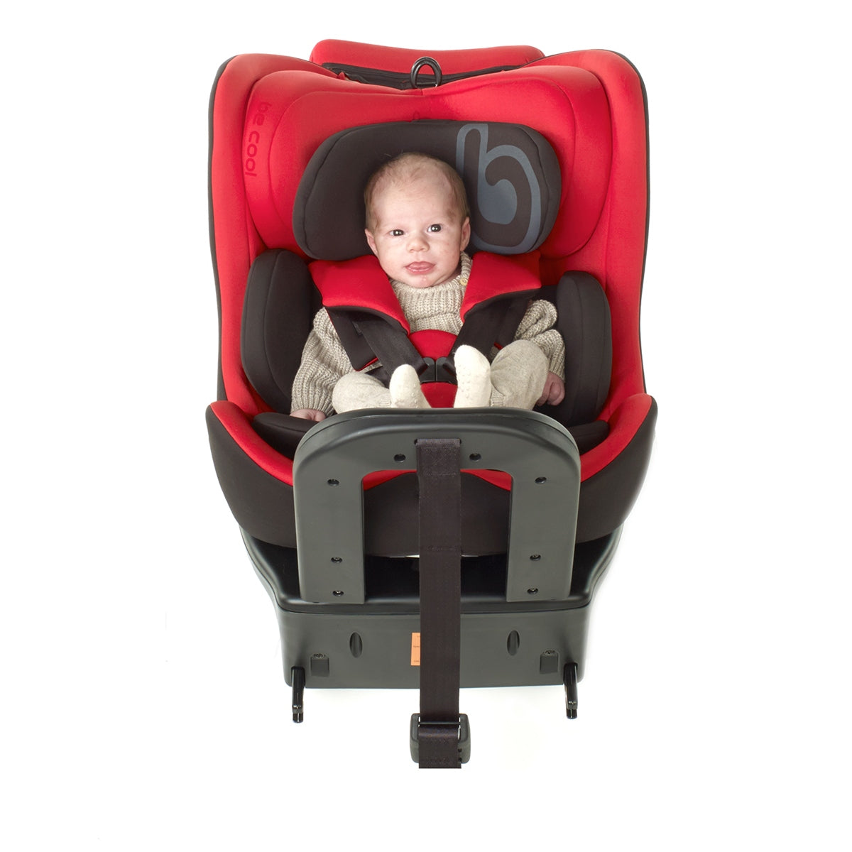 Red and black baby car seat with a baby inside on a white background