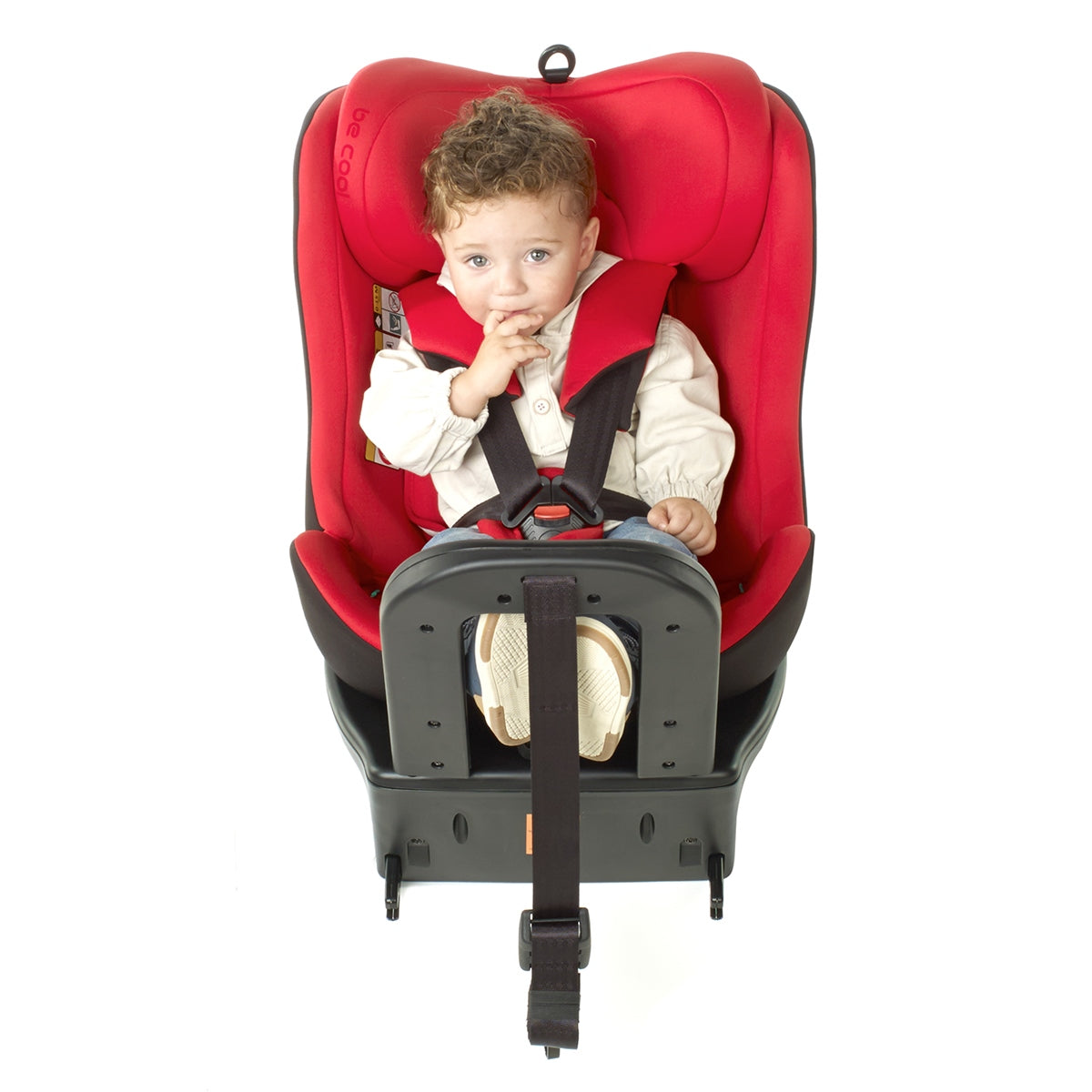 Child in a red car seat on a white background