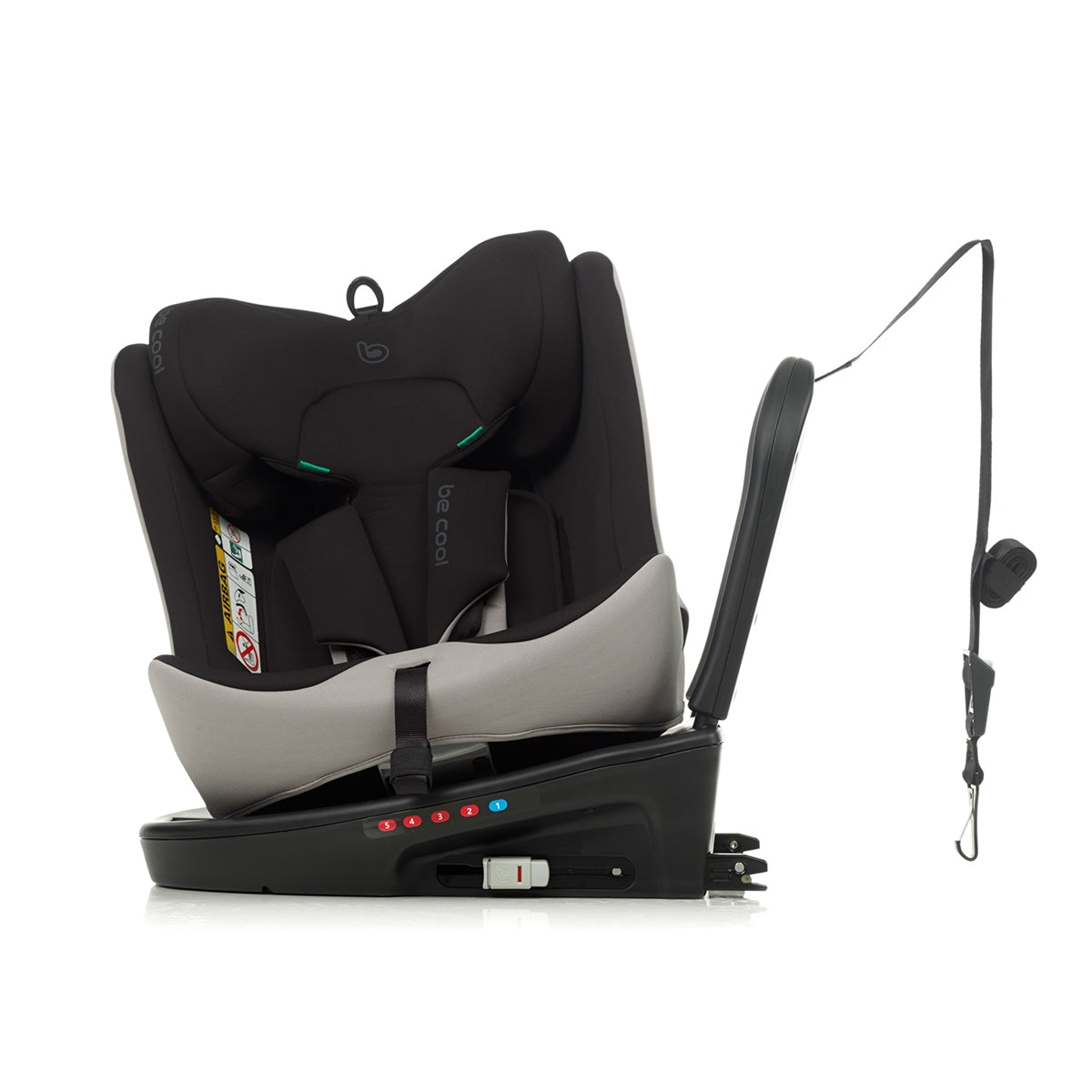 Black and gray car seat with charging cable on a white background