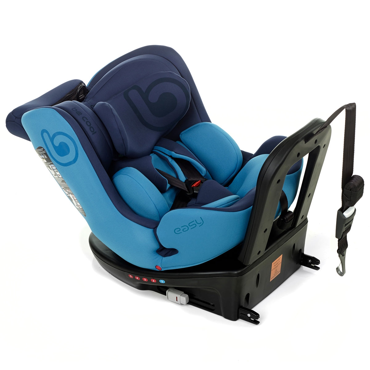 Blue and navy car seat with 'easy' label on a white background