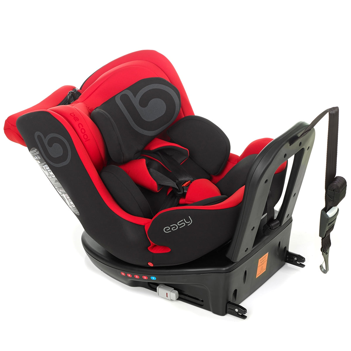 Red and black car seat with a white background