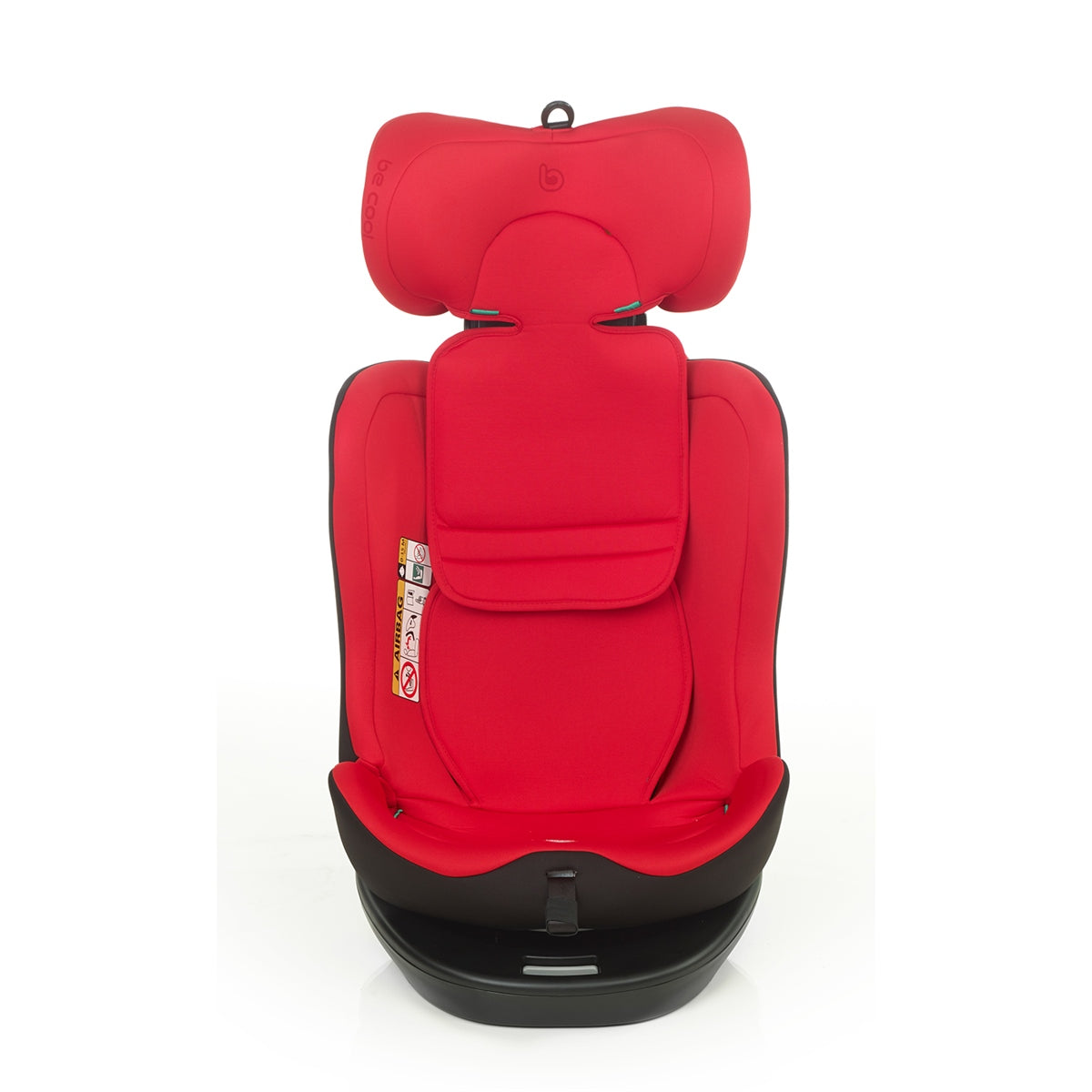 Red and black child car seat on a white background