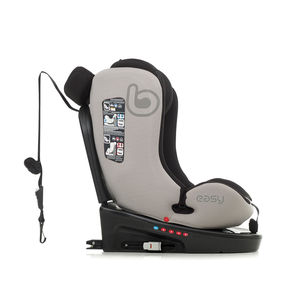 Gray and black car seat with 'easy' branding on a white background