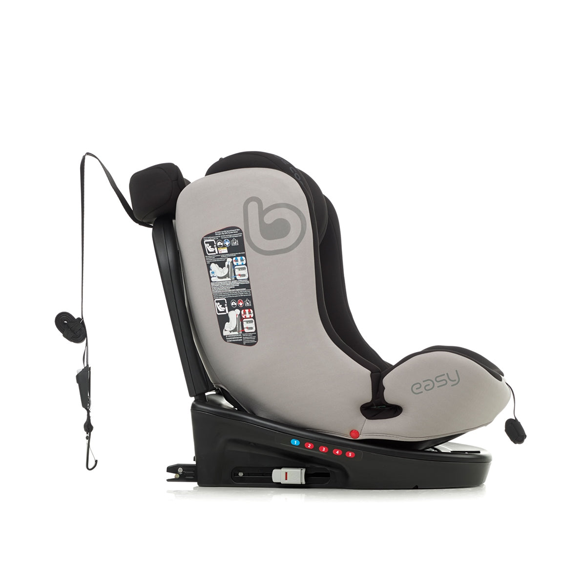 Child car seat with safety features on a white background