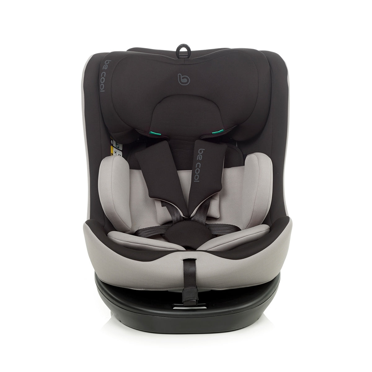 Black and gray car seat with 'be cool' branding on a white background