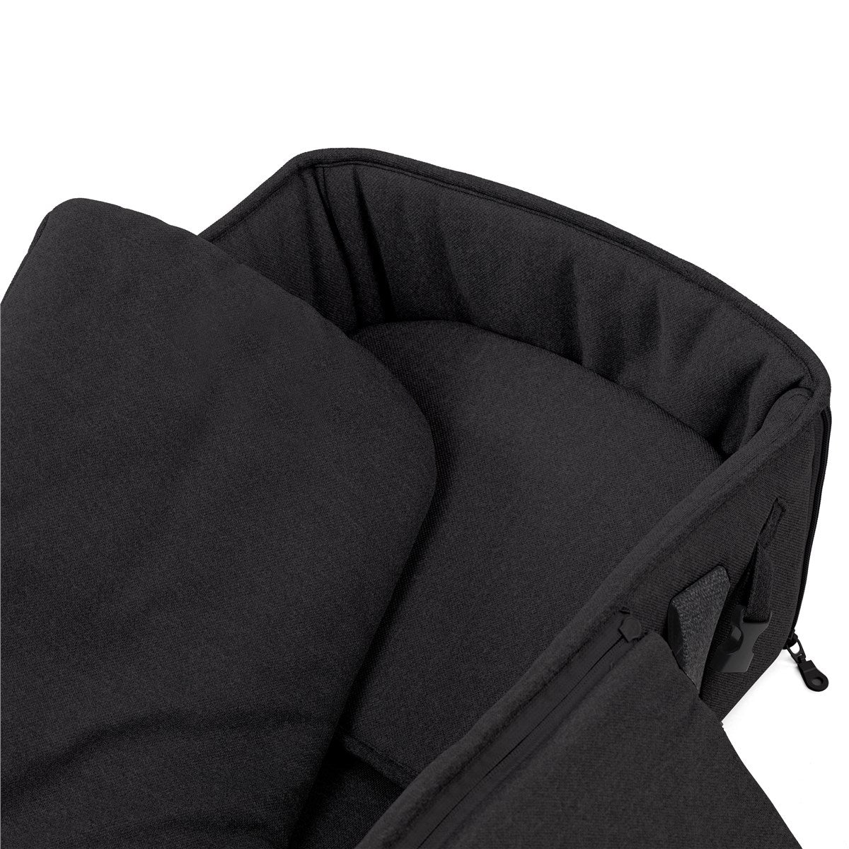 Black carrycot with soft interior padding on a white background