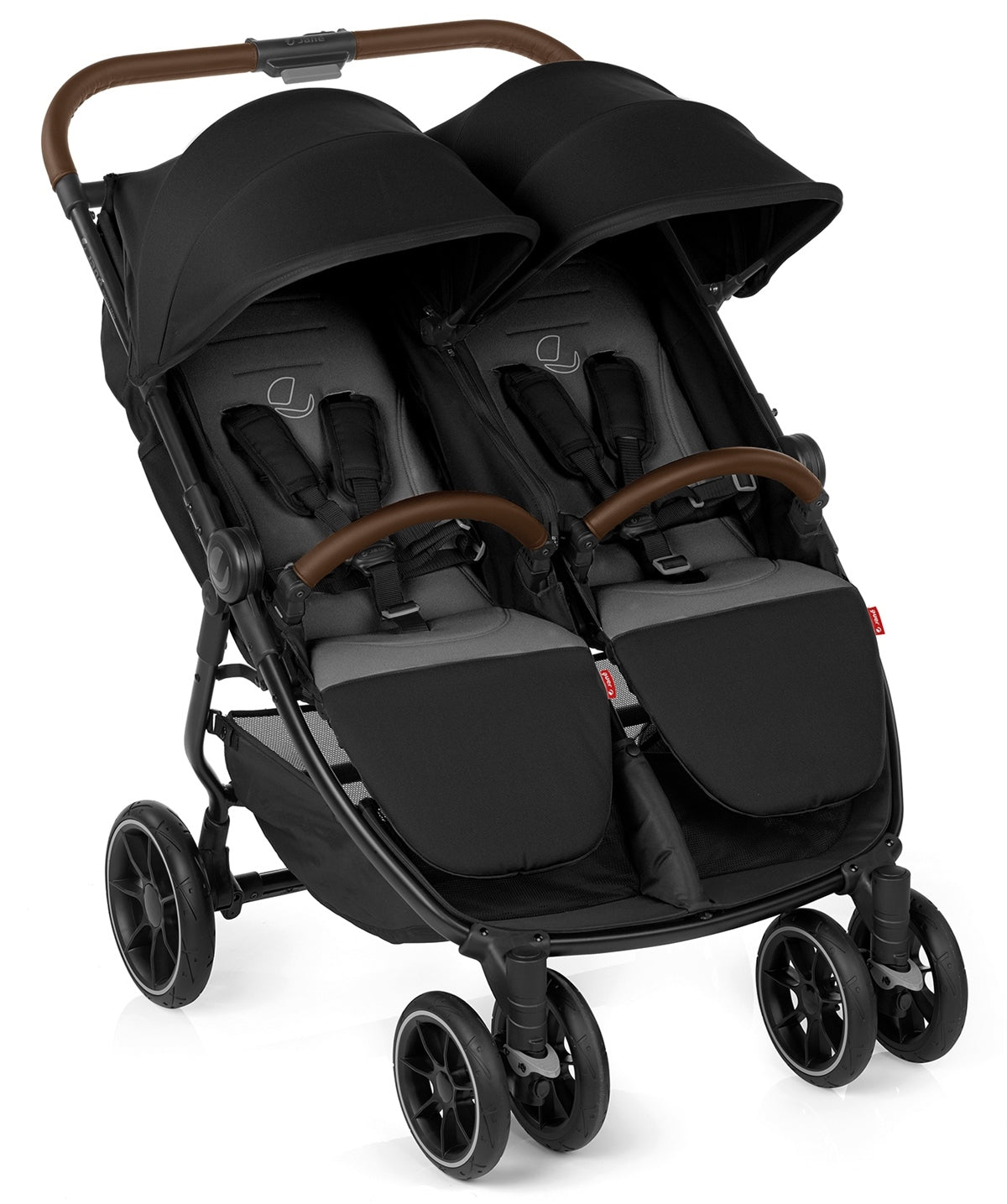 Black double stroller with brown handles on a white background