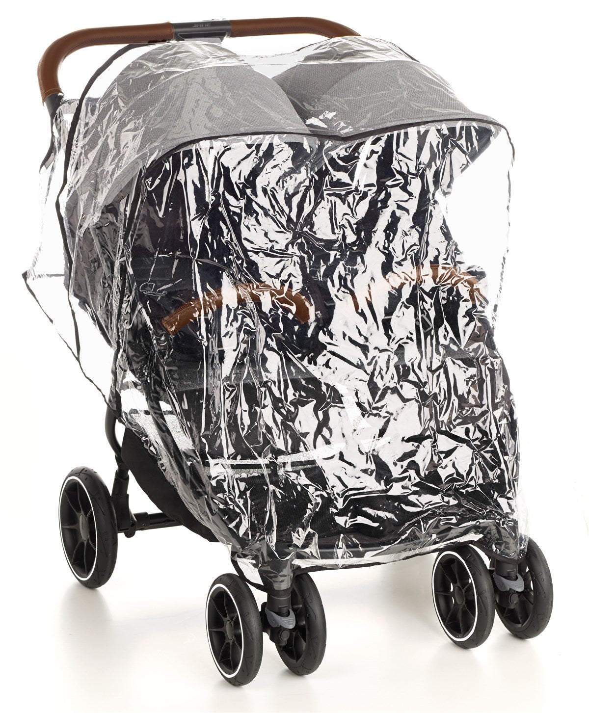 Stroller with clear rain cover on a white background