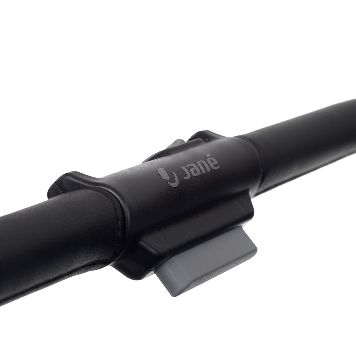 Black stroller handlebar with a 'Jane' logo on a white background