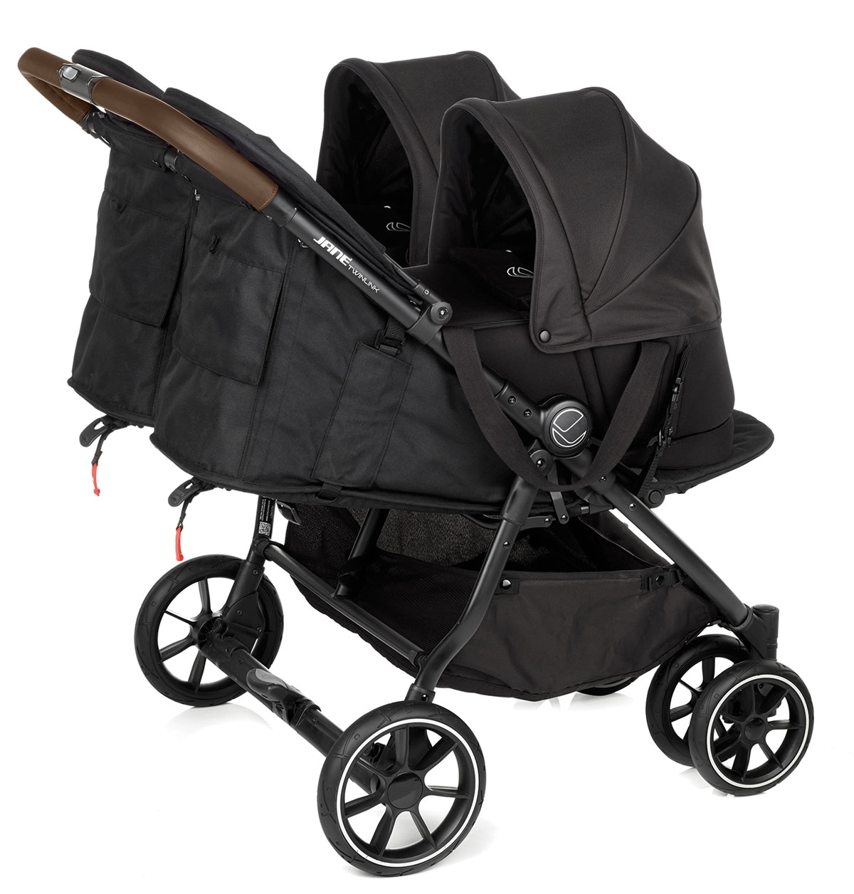 Black double stroller with brown accents on a white background
