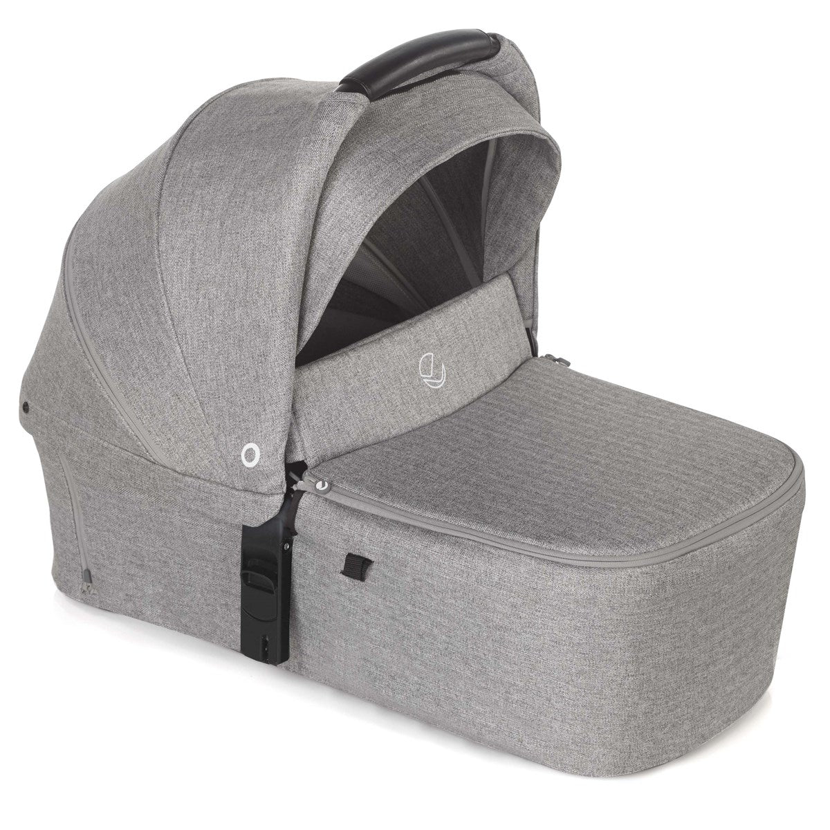 Gray baby car seat with a visible brand logo on a white background