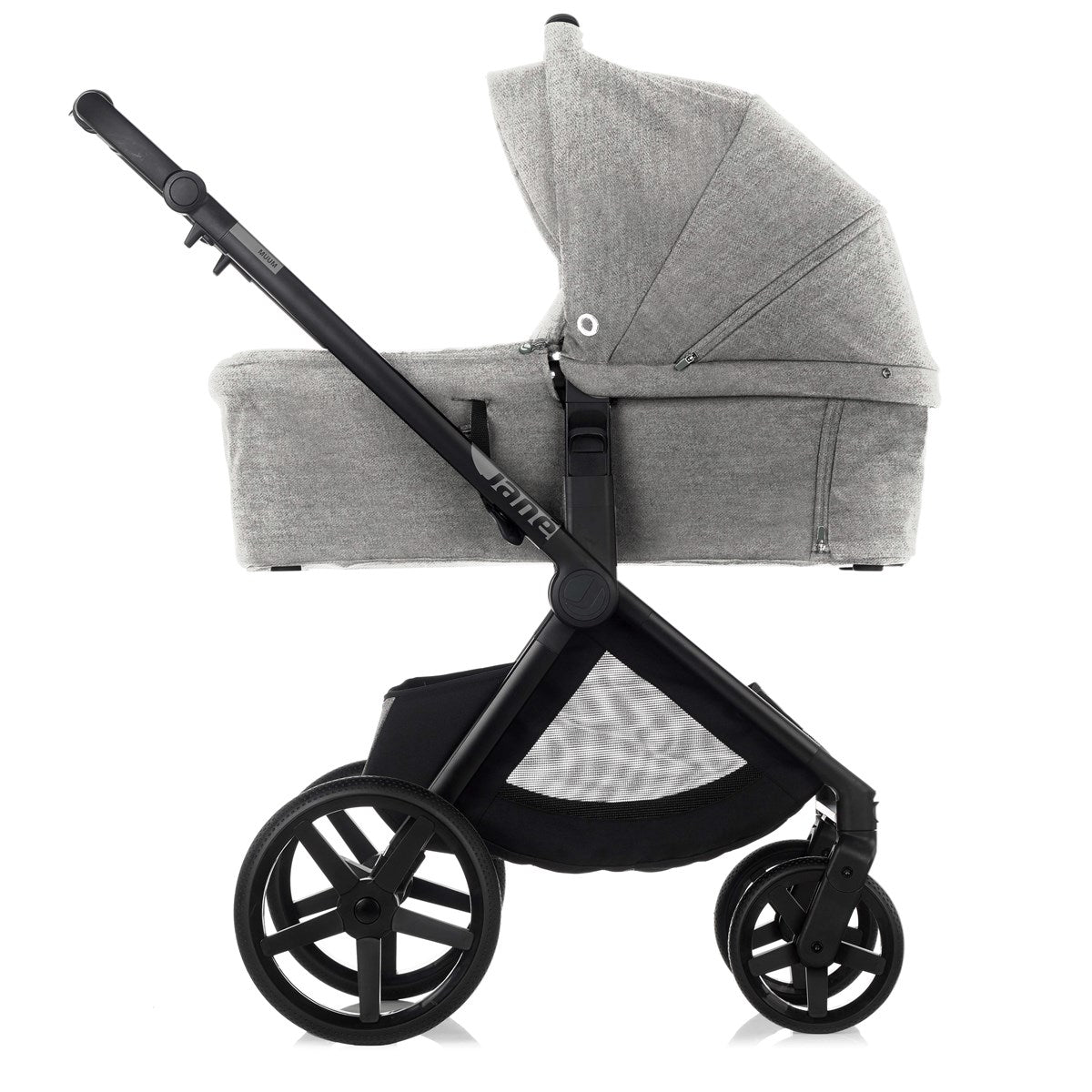 Gray stroller with a canopy on a white background