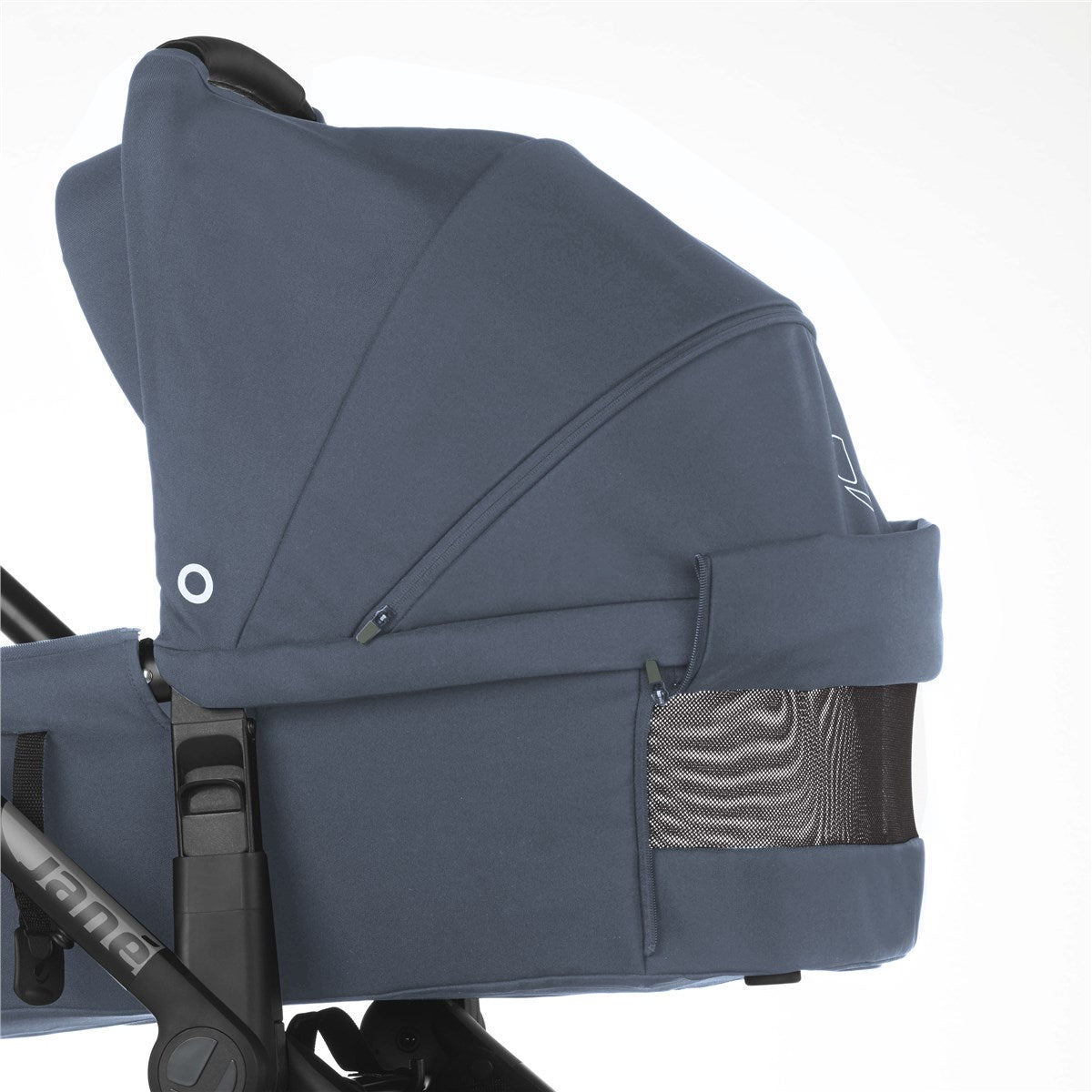 Blue baby stroller seat with a mesh pocket on a white background