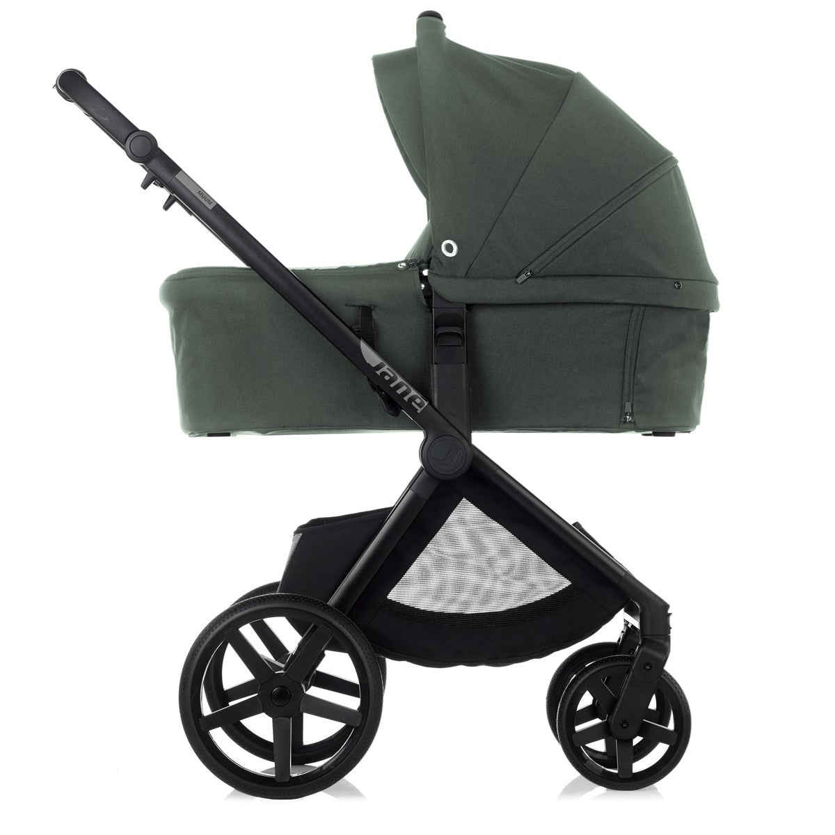 Green baby stroller with black frame on a white background