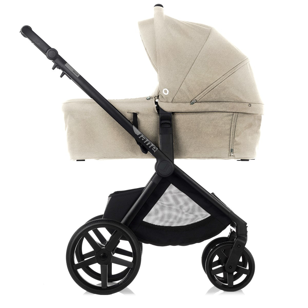 Beige baby stroller with black frame on a white background