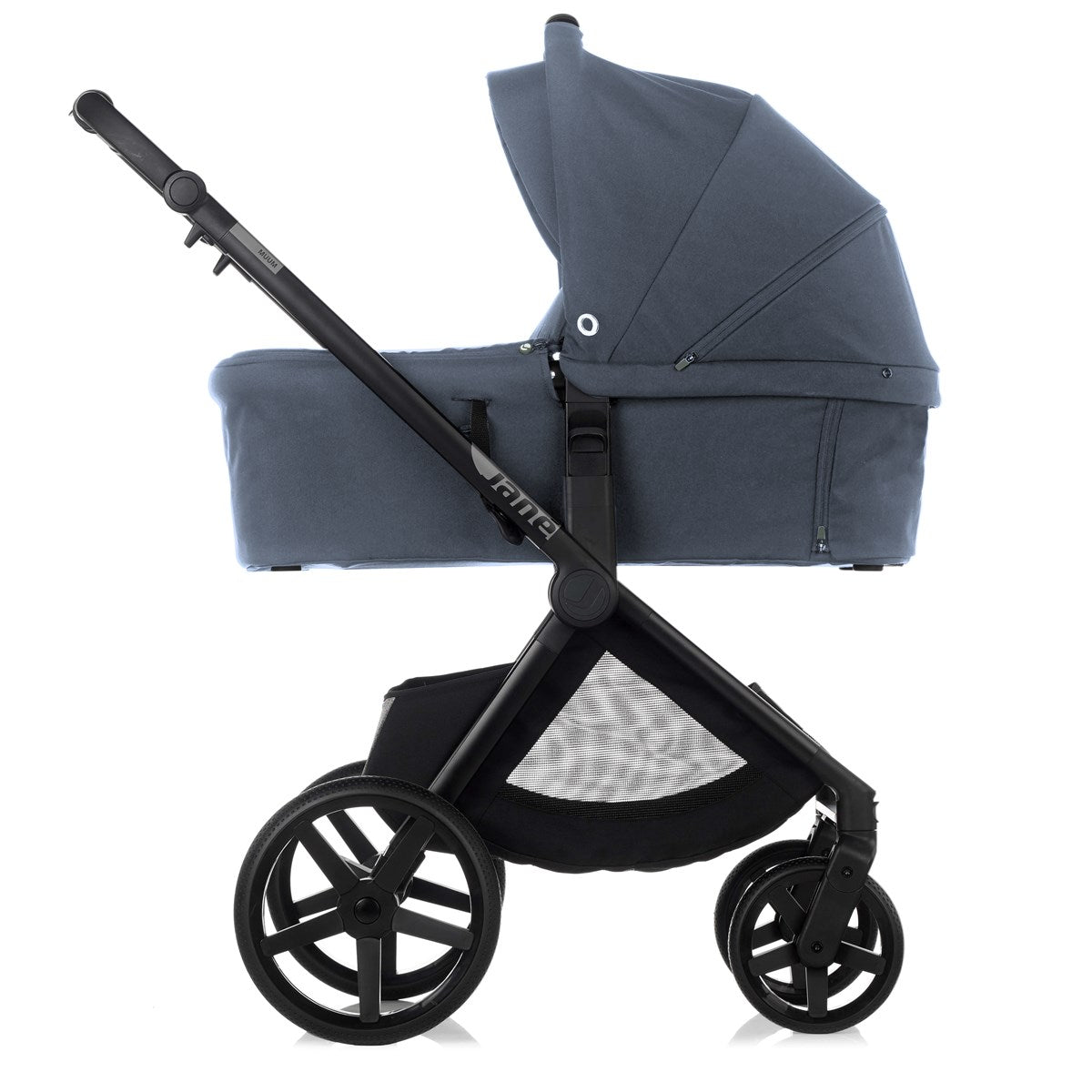 Blue baby stroller with black frame on a white background