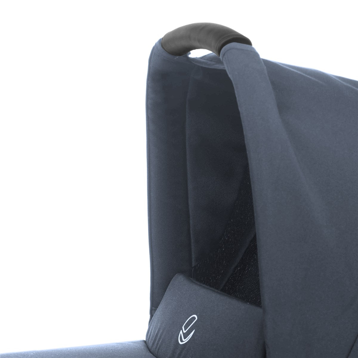 Close-up of a blue stroller with a canopy and handle on a white background