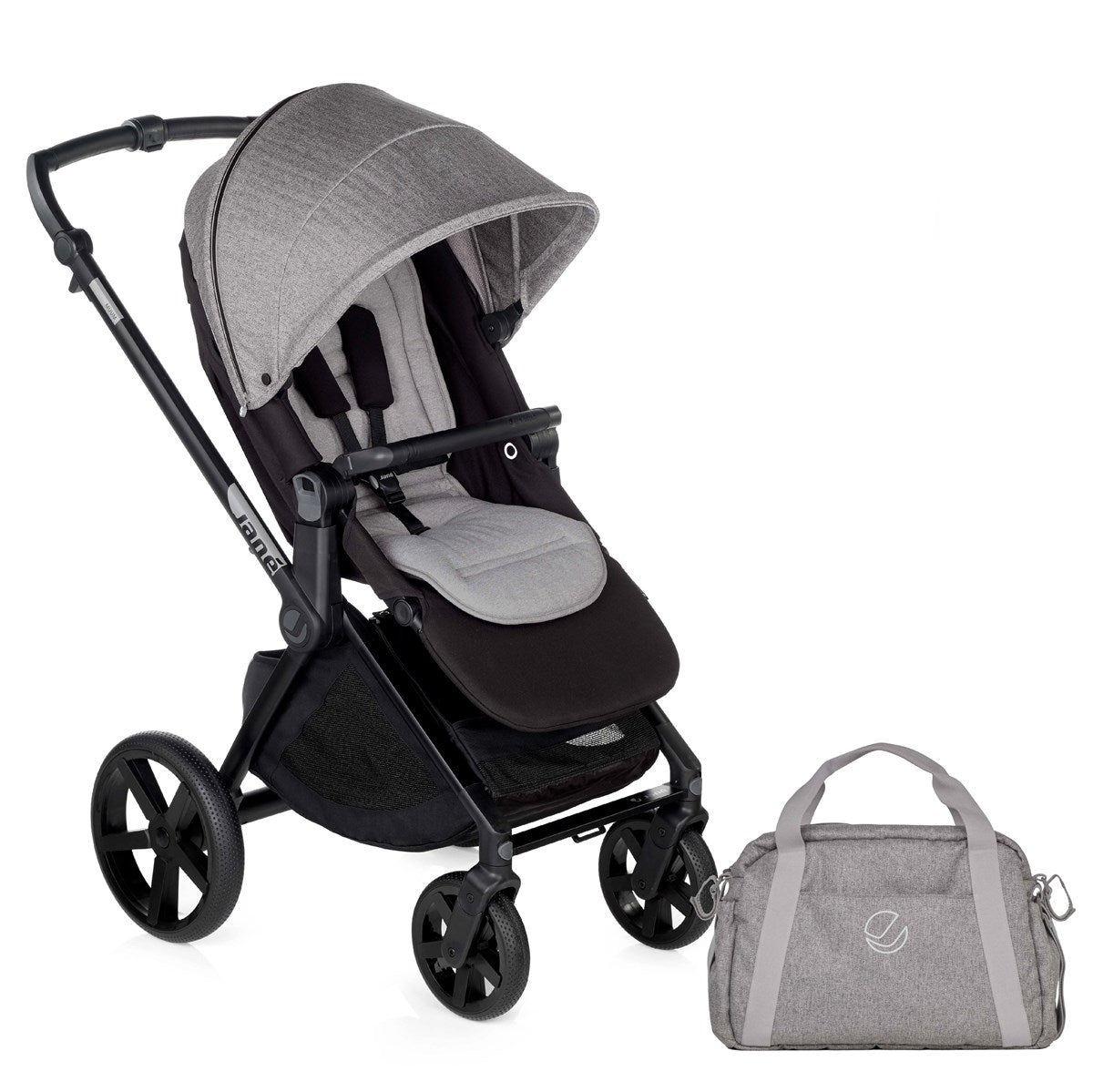 Gray and black stroller with matching diaper bag on a white background