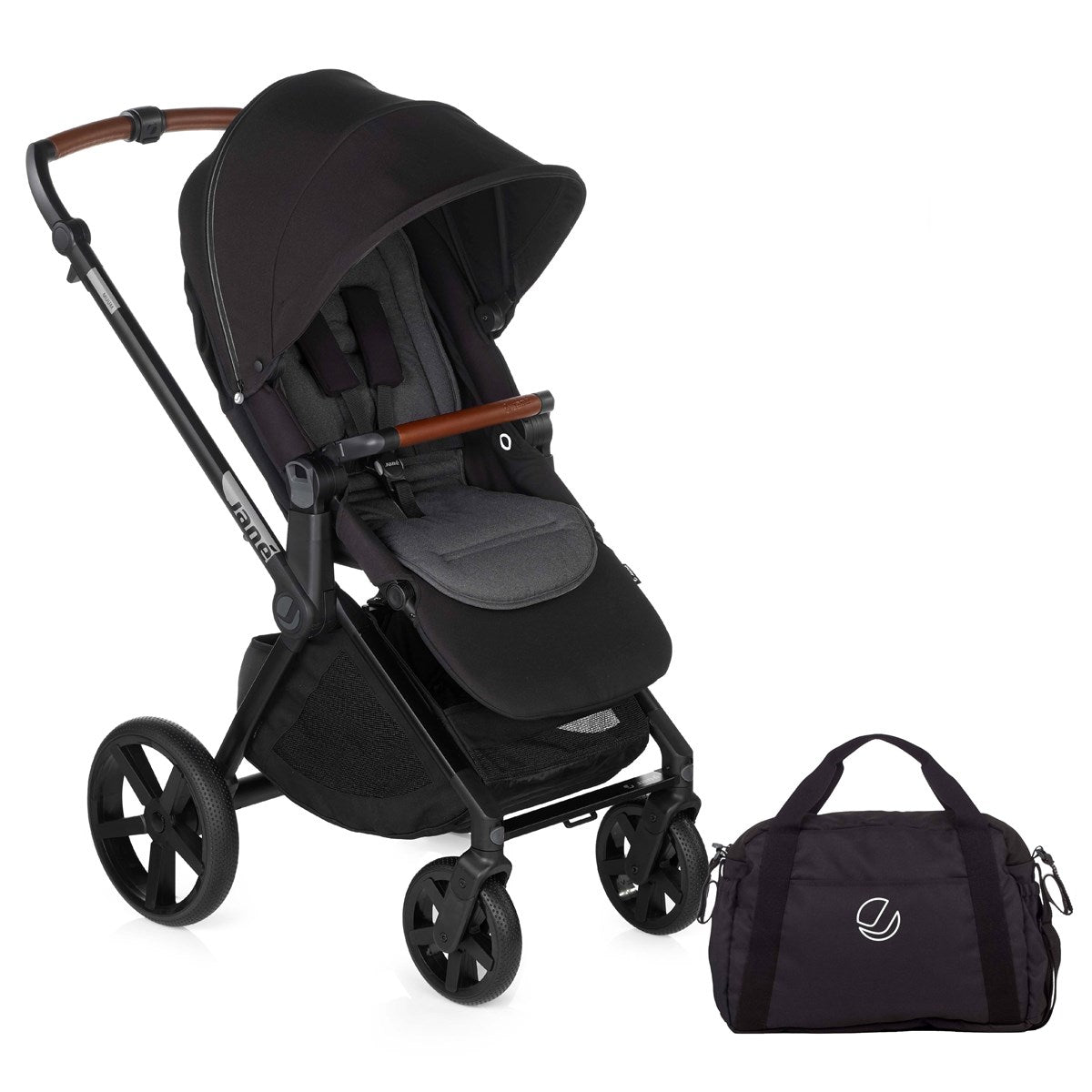 Black stroller with matching bag on a white background