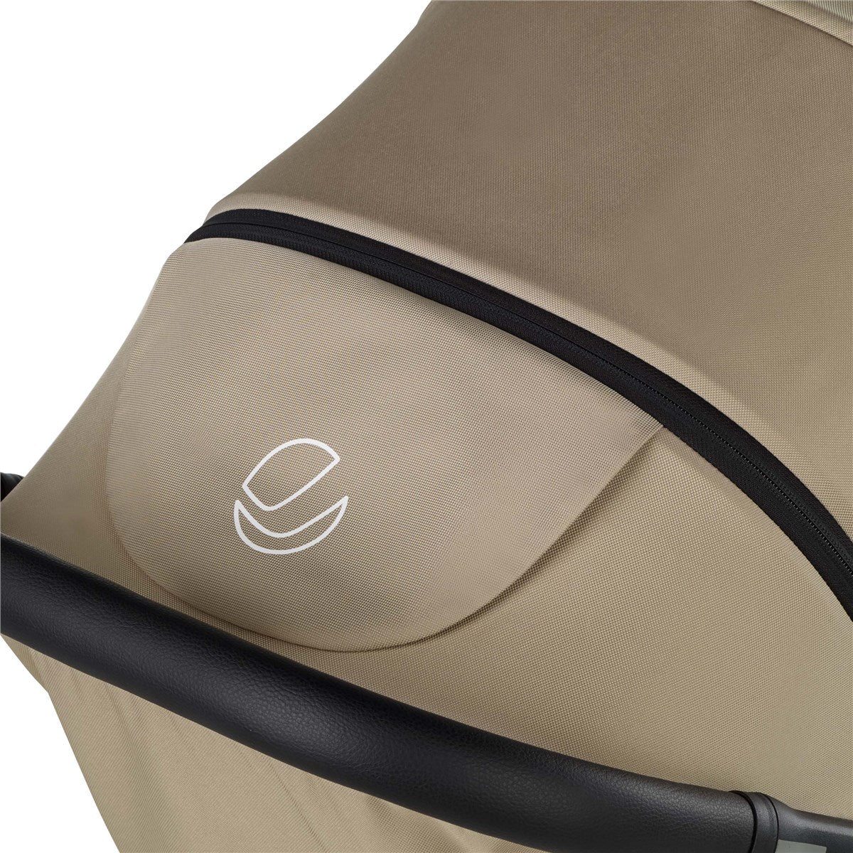 Beige stroller with a black handlebar and visible brand logo on a white background