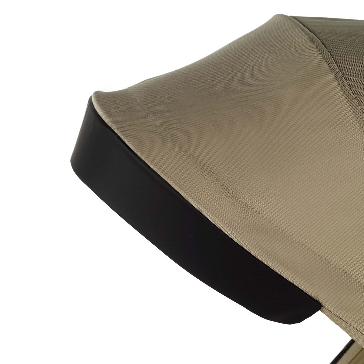 Close-up of a stroller with a black and beige color scheme on a white background