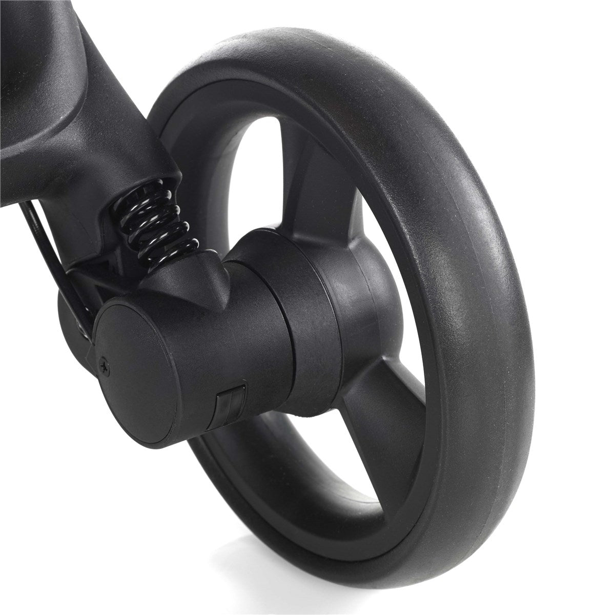 Close-up of a black stroller wheel with a white background