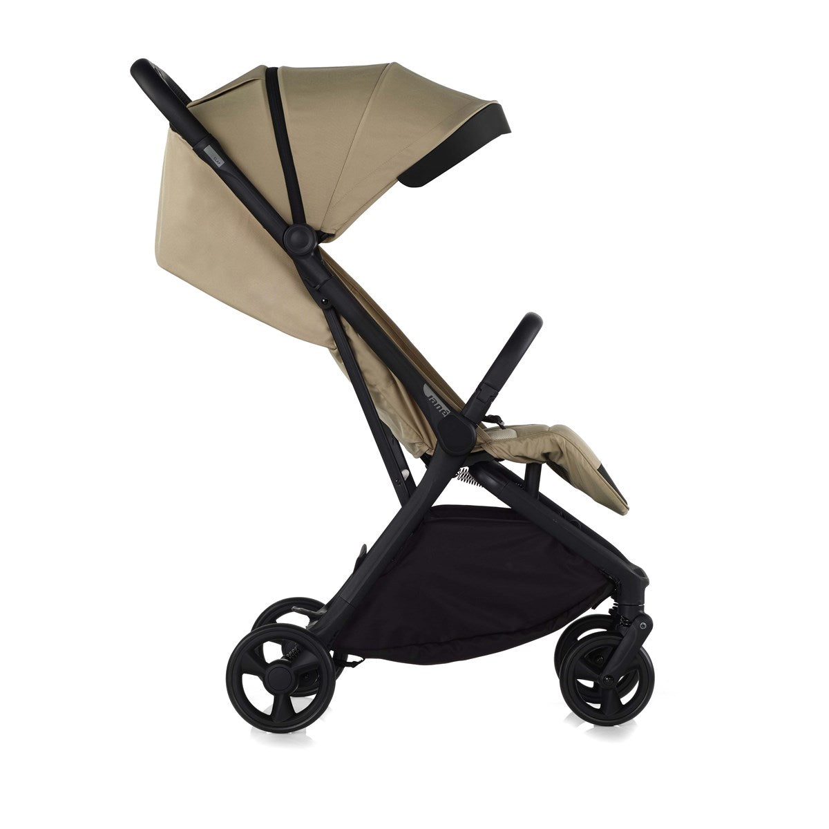 Beige and black stroller on a white background
