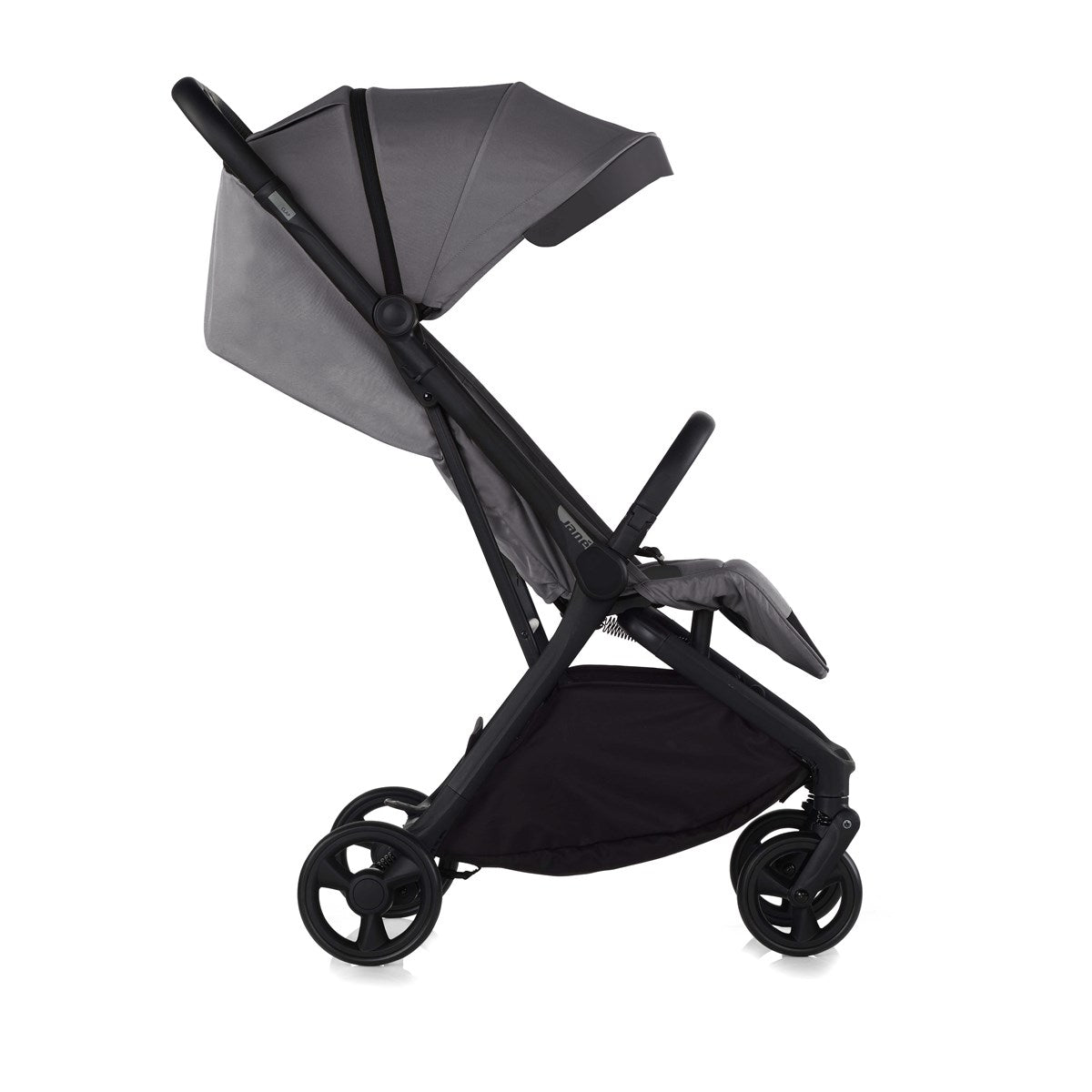Black and gray stroller on a white background