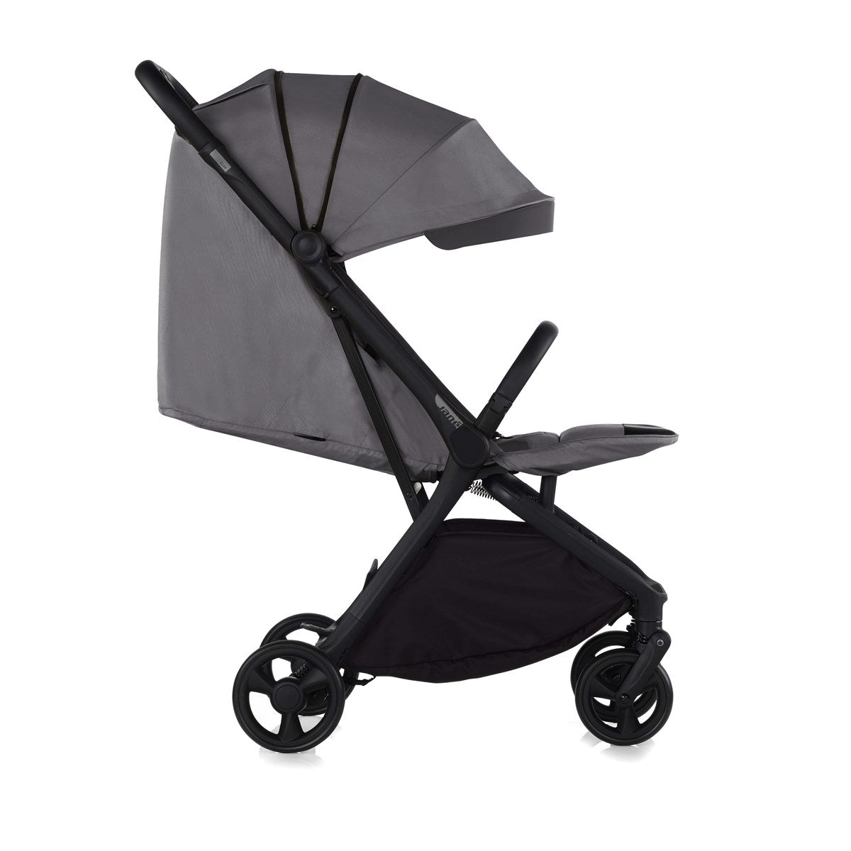 Gray and black stroller on a white background