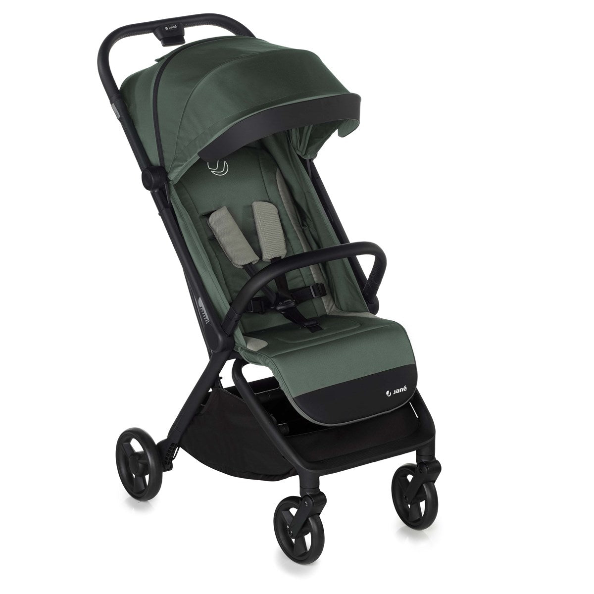 Green stroller with black accents on a white background