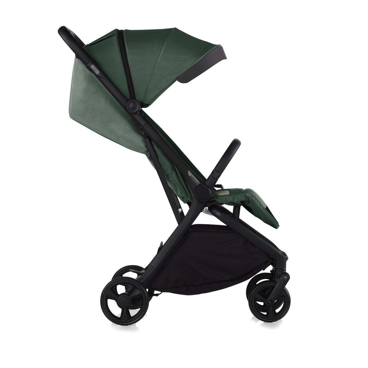 Green and black stroller on a white background