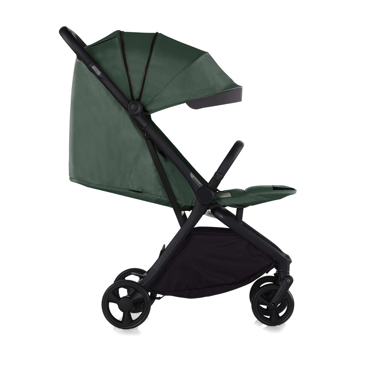 Green and black stroller on a white background