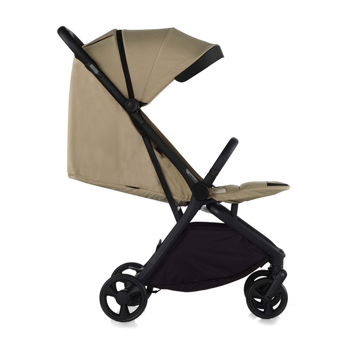 Beige and black stroller on a white background