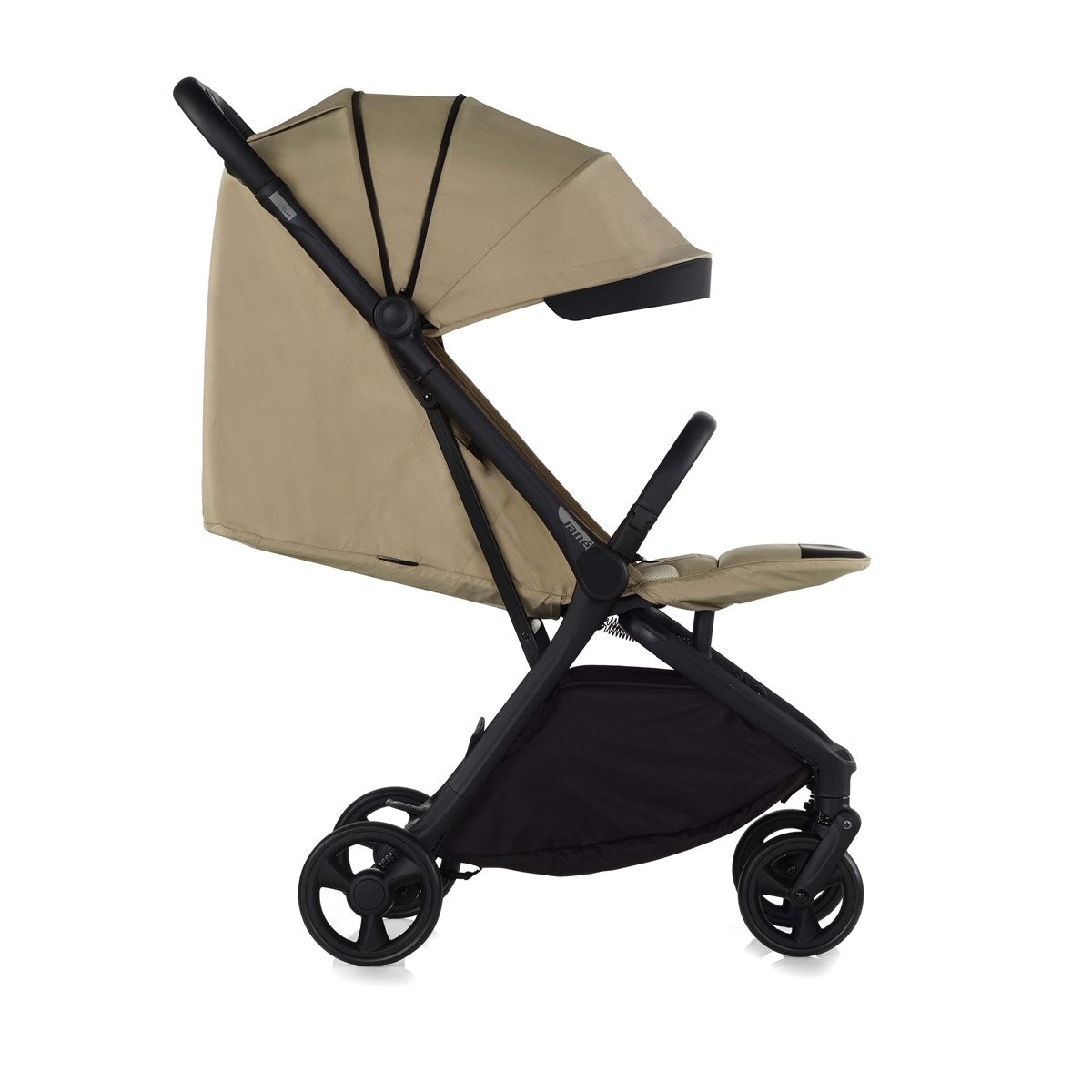 Beige and black stroller on a white background