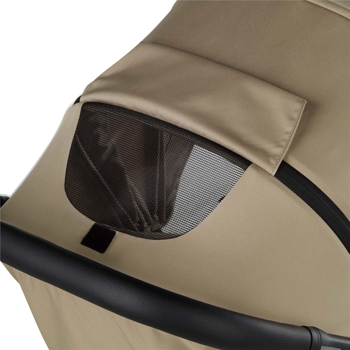 Close-up of a beige stroller with a mesh window on a white background