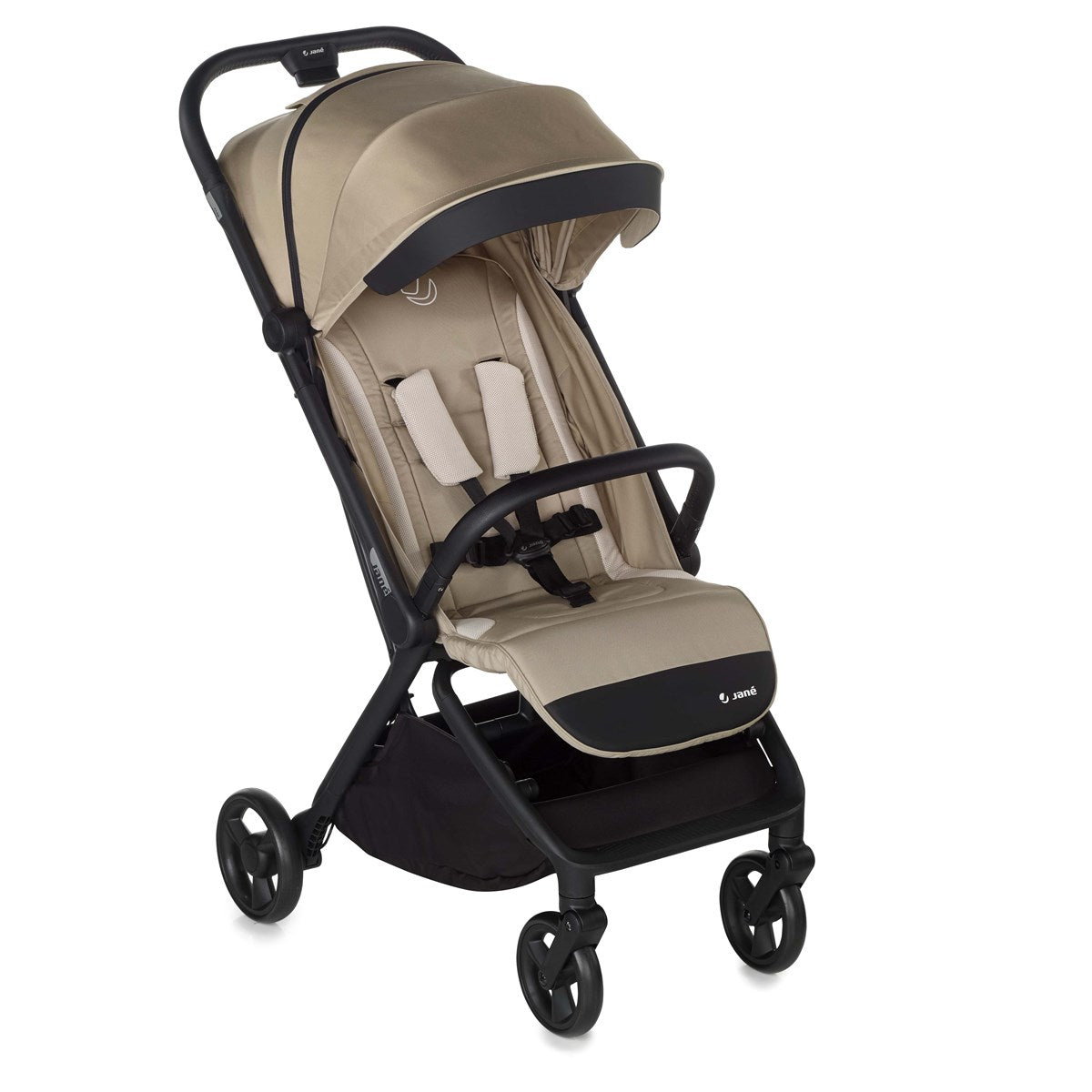 Beige and black stroller on a white background