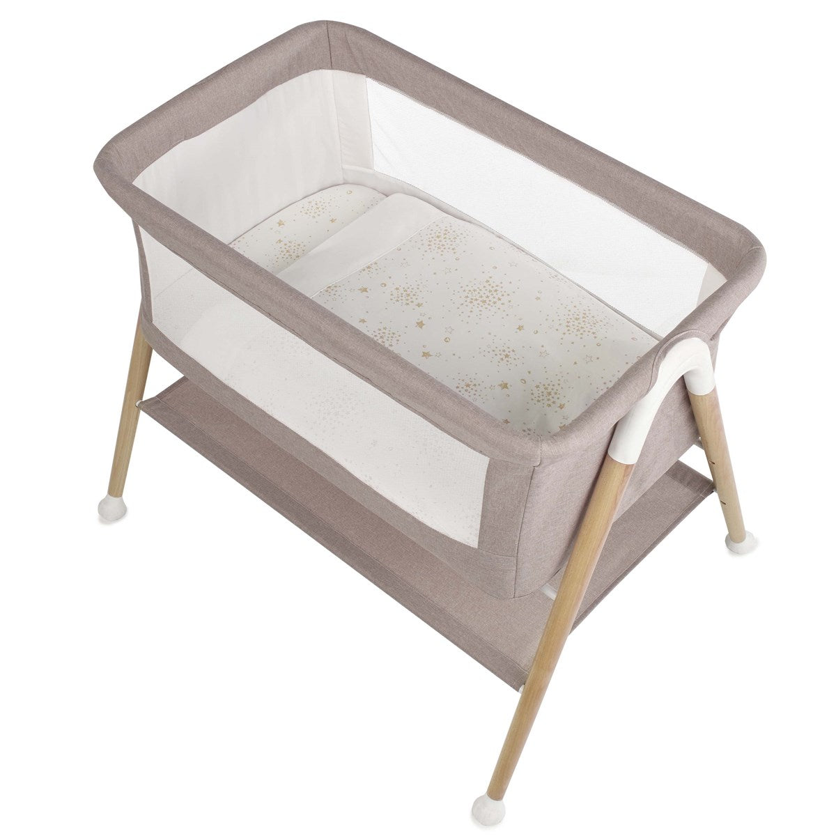 Portable baby crib with beige and white design on a white background