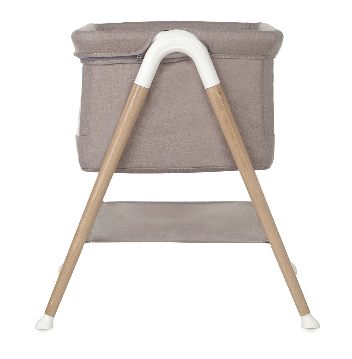 High chair with beige cushioned seat and brown wooden legs on a white background