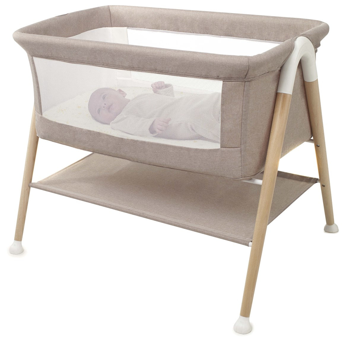 Portable baby crib with a baby inside on a white background