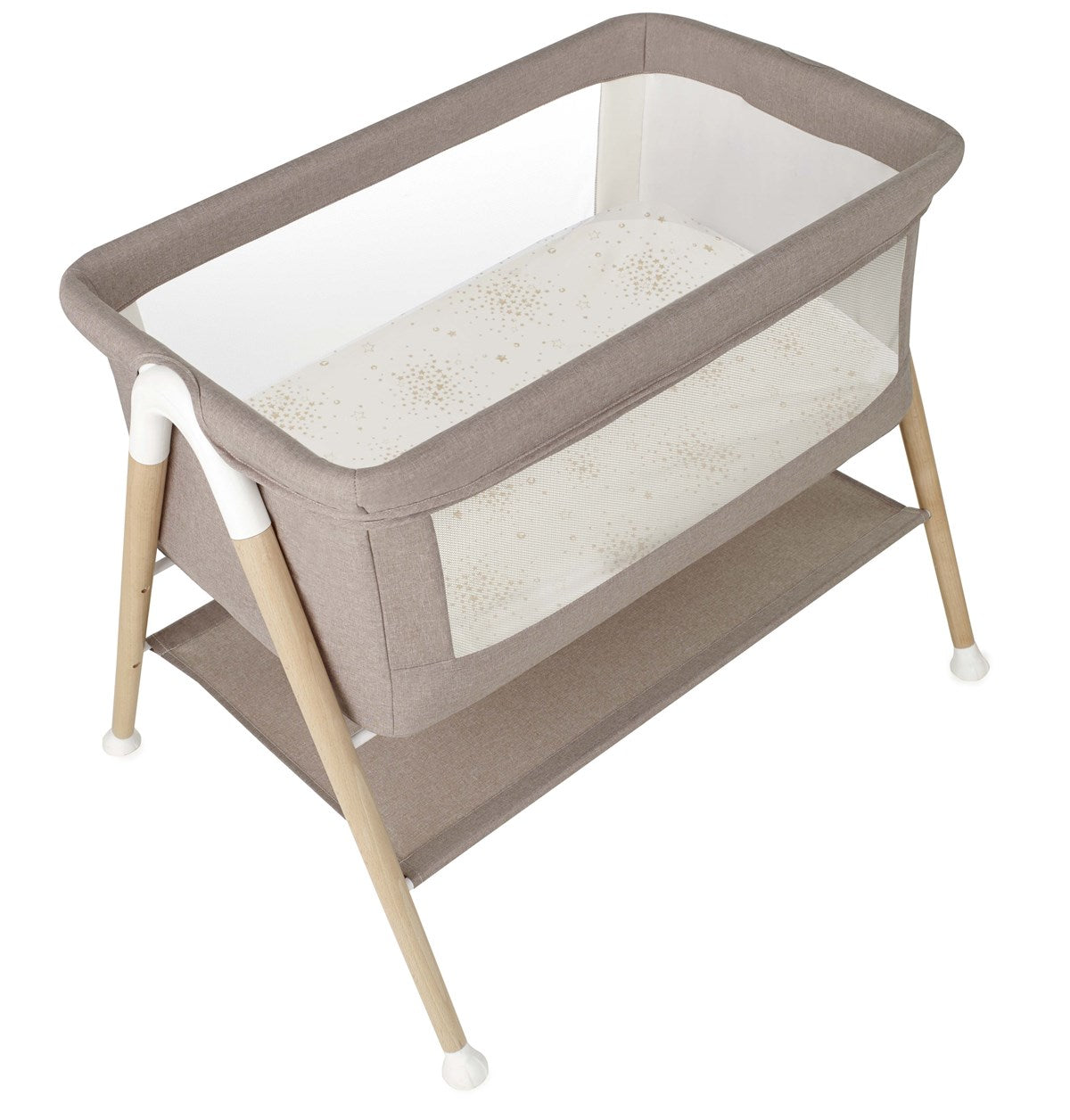 Portable baby crib with beige fabric and wooden legs on a white background